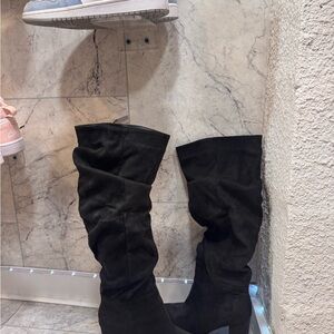 Black suede knee high chunky heel boot